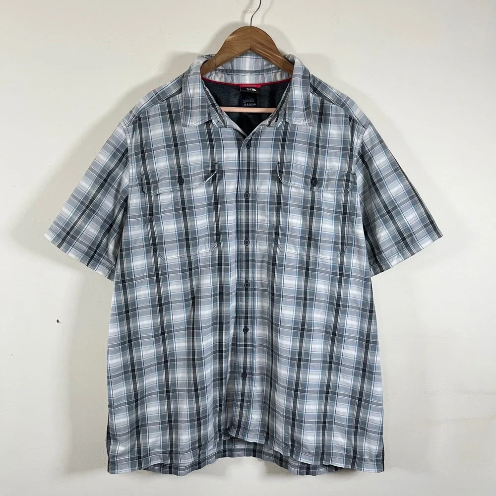 The North Face Short Sleeve Plaid Button Down Utility Gorpcore Blue Grey Sz XXL